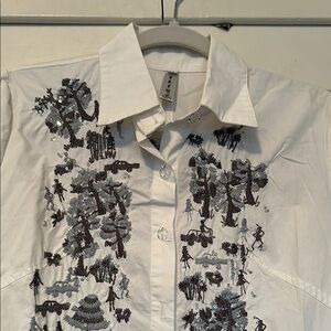 White Shirt with Black Floral Embroidery
